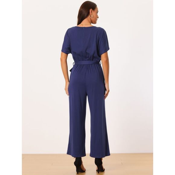 Belted High Waist Wide Leg Casual Dressy Jumpsuits Dark Blue - Picture 4 of 6